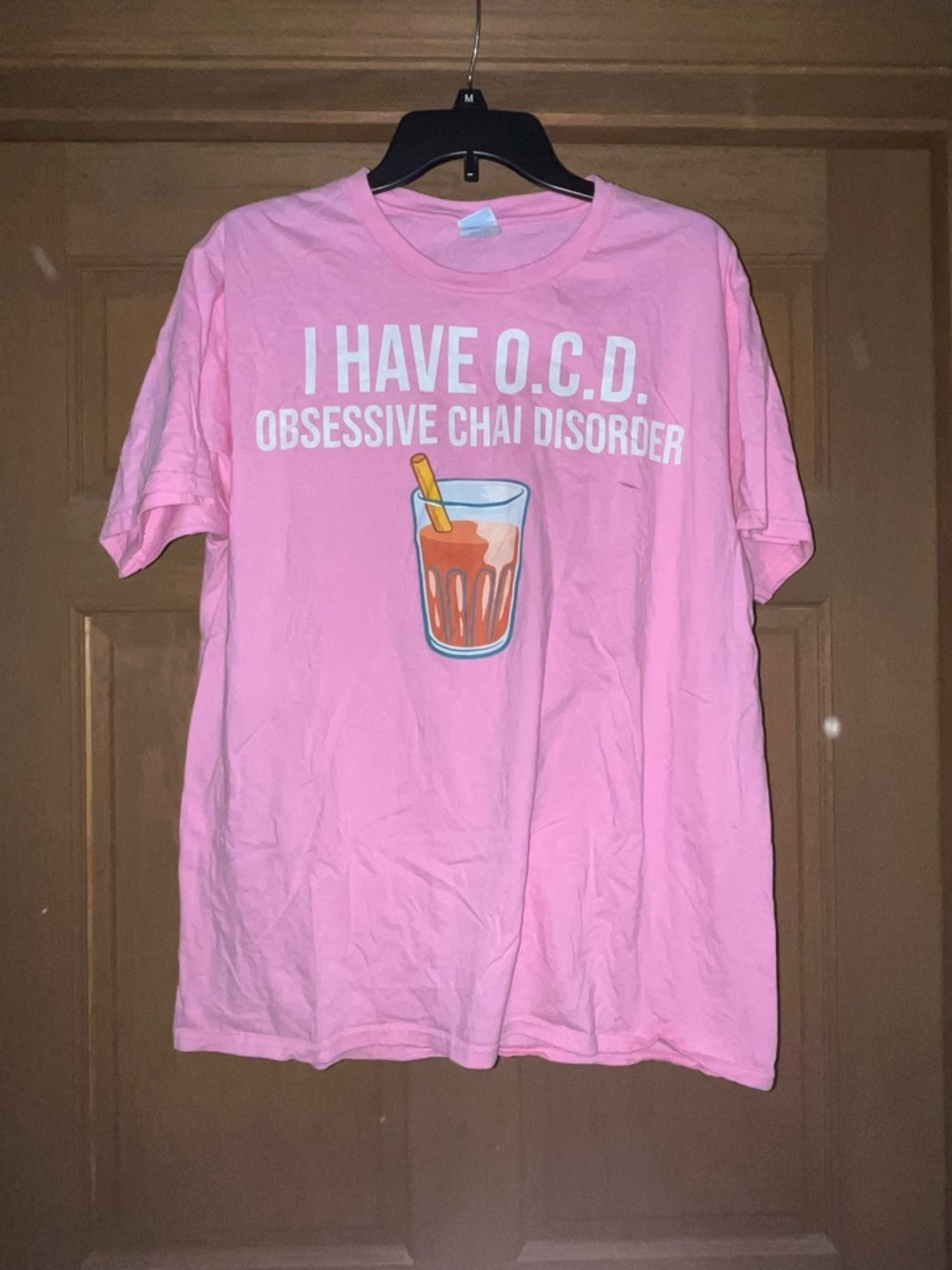 Pink Graphic Tee "I HAVE O.C.D. OBSESSIVE CHAI DISORDER"